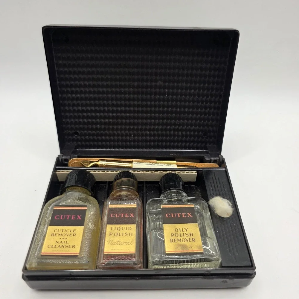 Vintage Cutex Art Deco Manicure Set Case Black Bakelite Rose Hand Logo 1930s